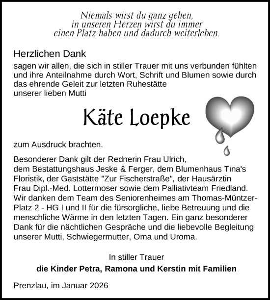 Traueranzeige von Käte Loepke von Uckermark Kurier Prenzlauer Zeitung