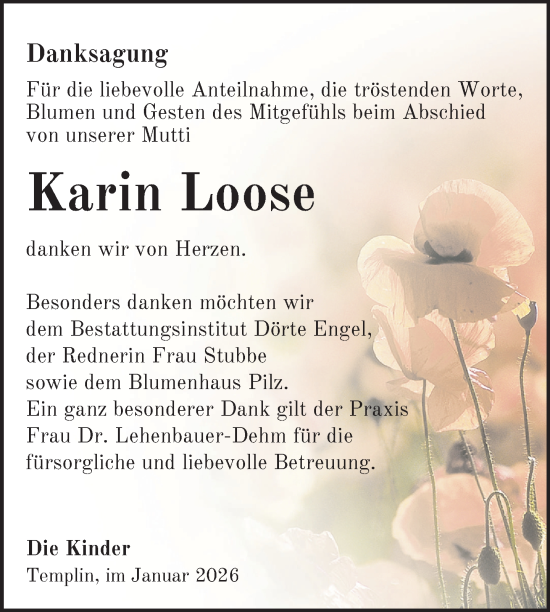 Traueranzeige von Karin Loose von Uckermark Kurier Templiner Zeitung