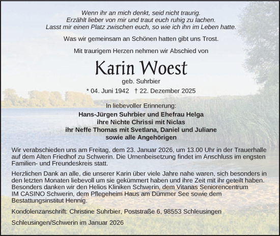 Traueranzeige von Karin Woest von Zeitung für die Landeshauptstadt