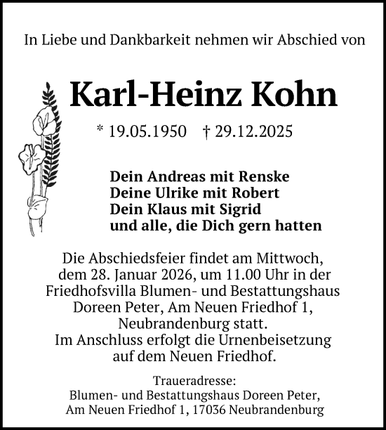 Traueranzeige von Karl-Heinz Kohn von Nordkurier Neubrandenburger Zeitung