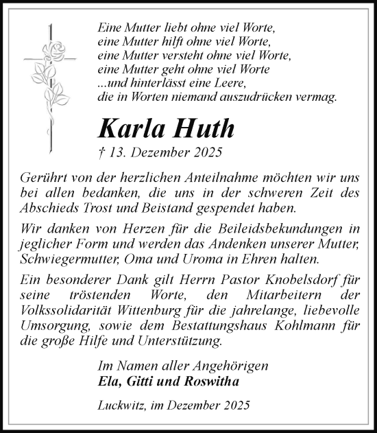 Traueranzeige von Karla Huth von Hagenower Kreisblatt