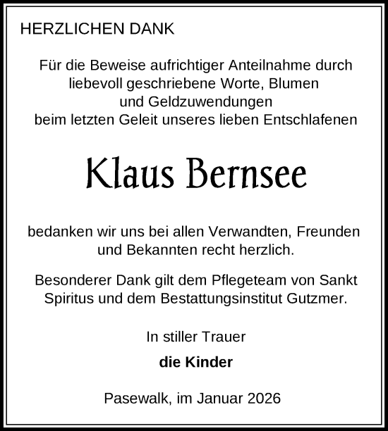 Traueranzeige von Klaus Bernsee von Nordkurier Grosso