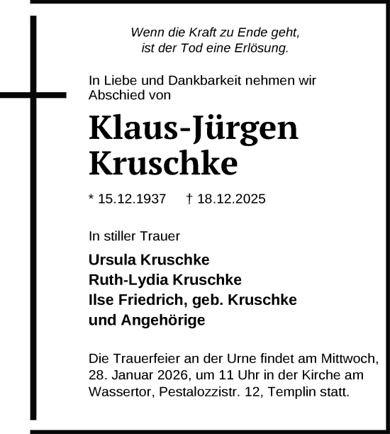 Traueranzeige von Klaus-Jürgen Kruschke von Uckermark Kurier Templiner Zeitung