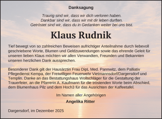 Traueranzeige von Klaus Rudnik von Uckermark Kurier Templiner Zeitung