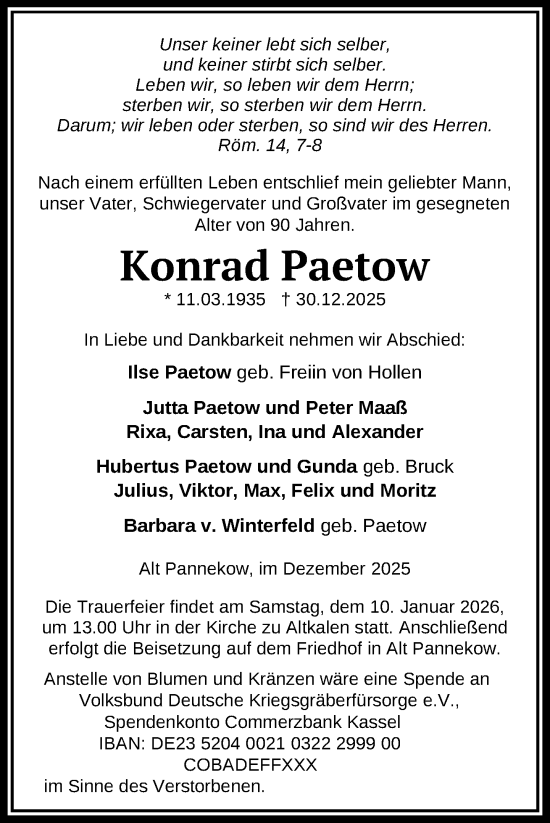 Traueranzeige von Konrad Paetow von Nordkurier Mecklenburger Schweiz