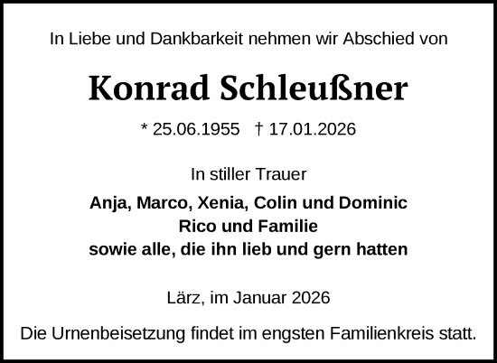 Traueranzeige von Konrad Schleußner von Nordkurier Strelitzer Zeitung