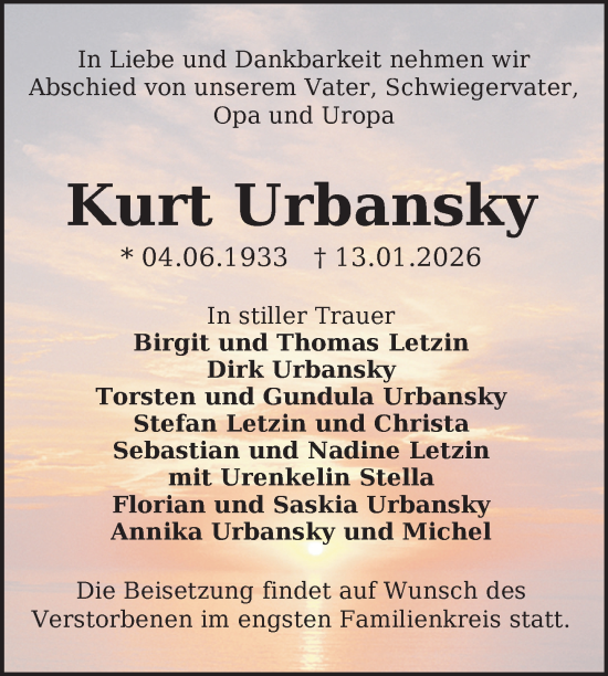 Traueranzeige von Kurt Urbansky von Uckermark Kurier Templiner Zeitung