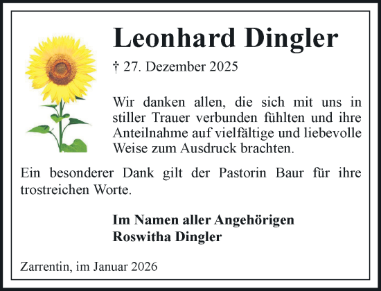 Traueranzeige von Leonhard Dingler von Hagenower Kreisblatt
