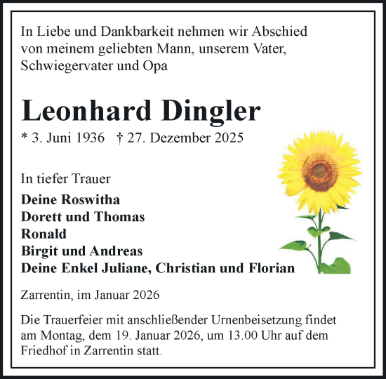 Traueranzeige von Leonhard Dingler von Hagenower Kreisblatt