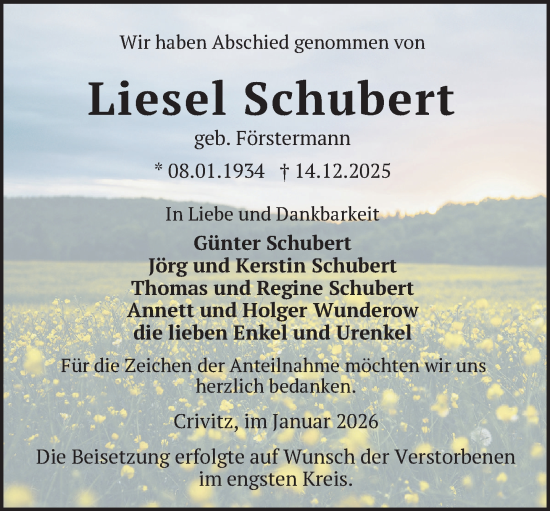 Traueranzeige von Liesel Schubert von Zeitung für die Landeshauptstadt