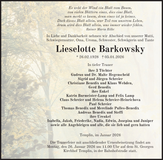 Traueranzeige von Lieselotte Barkowsky von Uckermark Kurier Templiner Zeitung