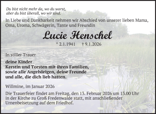 Traueranzeige von Lucie Henschel von Uckermark Kurier Templiner Zeitung