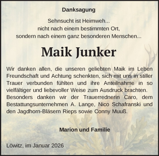 Traueranzeige von Maik Junker von Gadebusch - Rehnaer Zeitung
