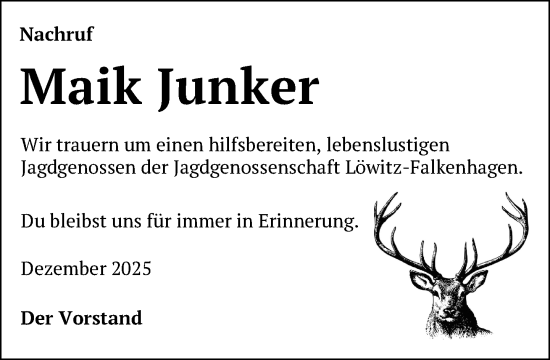 Traueranzeige von Maik Junker von Gadebusch - Rehnaer Zeitung
