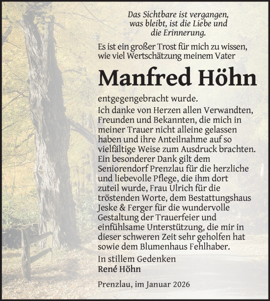 Traueranzeige von Manfred Höhn von Uckermark Kurier Prenzlauer Zeitung