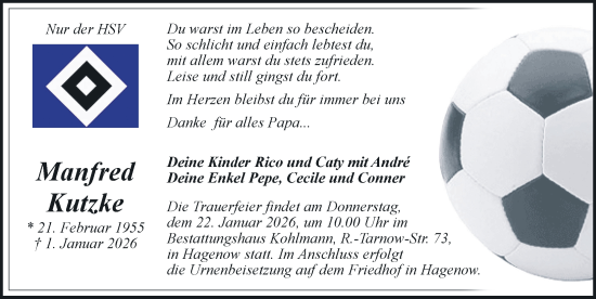Traueranzeige von Manfred Kutzke von Hagenower Kreisblatt