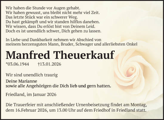 Traueranzeige von Manfred Theuerkauf von Nordkurier Neubrandenburger Zeitung