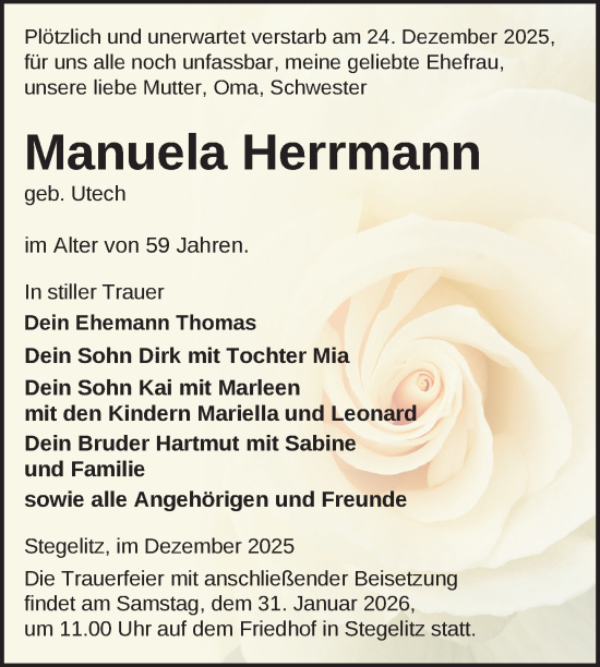 Traueranzeige von Manuela Herrmann von Uckermark Kurier Prenzlauer Zeitung