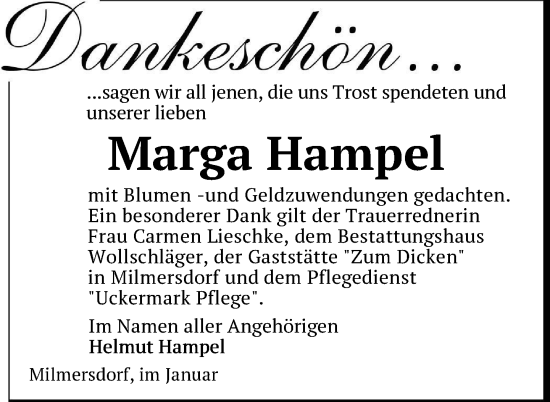 Traueranzeige von Marga Hampel von Uckermark Kurier Templiner Zeitung