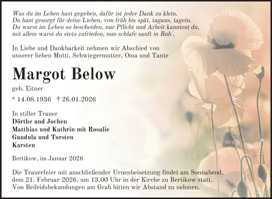 Traueranzeige von Margot Below von Uckermark Kurier Prenzlauer Zeitung