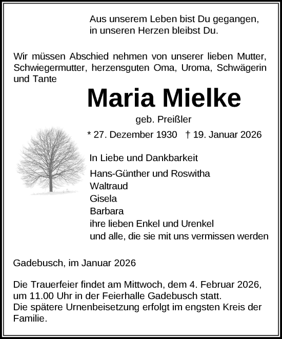 Traueranzeige von Maria Mielke von Gadebusch - Rehnaer Zeitung