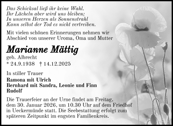 Traueranzeige von Marianne Mättig von Nordkurier Grosso