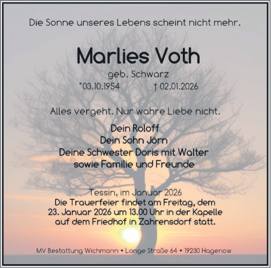 Traueranzeige von Marlies Voth von Hagenower Kreisblatt