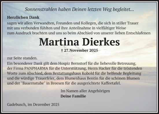 Traueranzeige von Martina Dierkes von Gadebusch - Rehnaer Zeitung