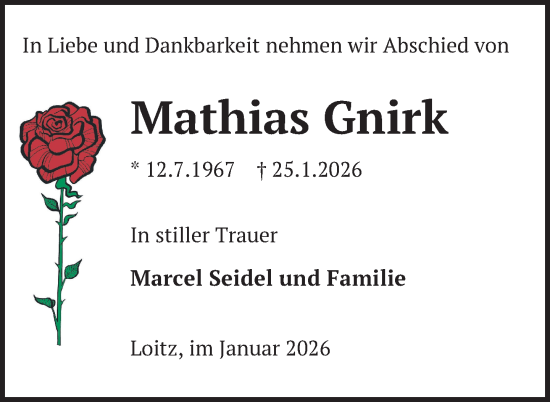 Traueranzeige von Mathias Gnirk von Nordkurier Vorpommern Kurier, Nordkurier Grosso, Nordkurier Demminer Zeitung