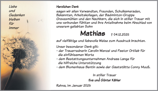 Traueranzeige von Mathias Kähler von Gadebusch - Rehnaer Zeitung