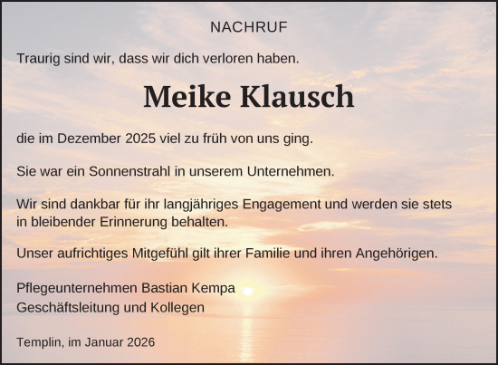 Traueranzeige von Meike Klausch von Uckermark Kurier Templiner Zeitung