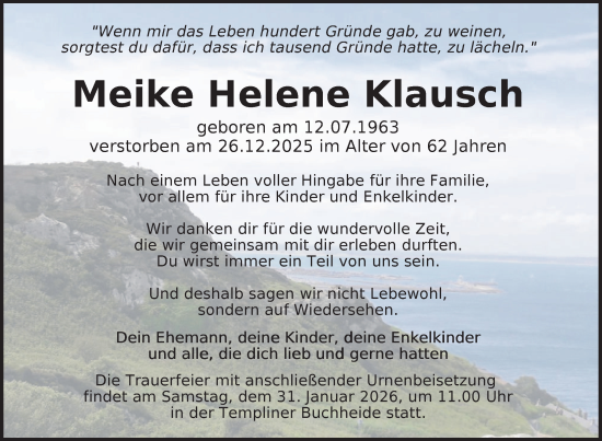 Traueranzeige von Meike Helene Klausch von Uckermark Kurier Templiner Zeitung