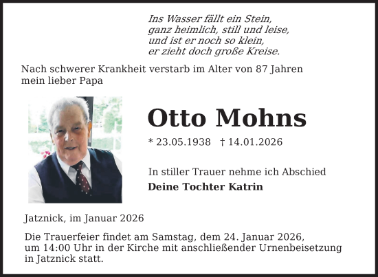 Traueranzeige von Otto Mohns von Nordkurier Grosso