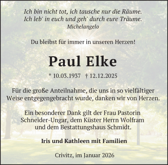 Traueranzeige von Paul Elke von Zeitung für die Landeshauptstadt