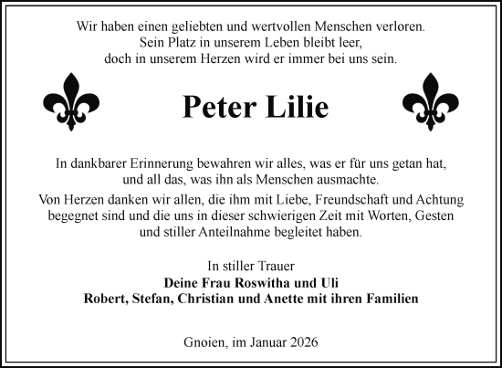 Traueranzeige von Peter Lilie von Nordkurier Mecklenburger Schweiz