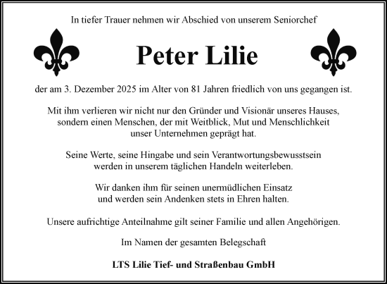 Traueranzeige von Peter Lilie von Nordkurier Mecklenburger Schweiz