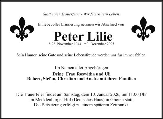 Traueranzeige von Peter Lilie von Nordkurier Mecklenburger Schweiz