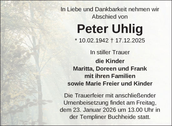 Traueranzeige von Peter Uhlig von Uckermark Kurier Templiner Zeitung
