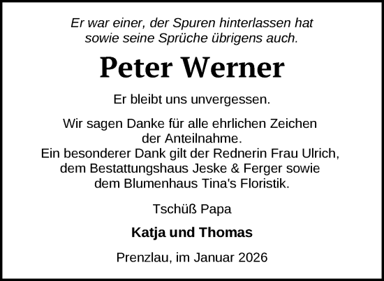 Traueranzeige von Peter Werner von Uckermark Kurier Prenzlauer Zeitung