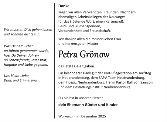 Traueranzeige von Petra Grönow von Nordkurier Neubrandenburger Zeitung