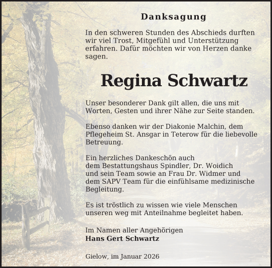 Traueranzeige von Regina Schwartz von Nordkurier Mecklenburger Schweiz