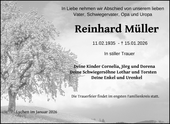 Traueranzeige von Reinhard Müller von Uckermark Kurier Templiner Zeitung