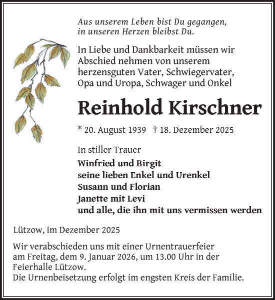 Traueranzeige von Reinhold Kirschner von Gadebusch - Rehnaer Zeitung