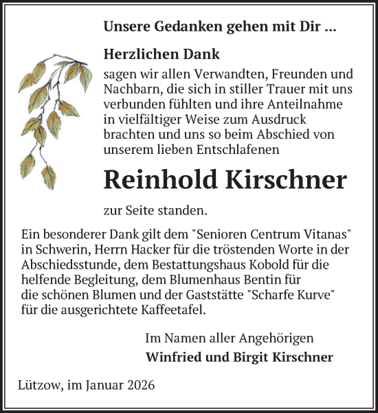 Traueranzeige von Reinhold Kirschner von Gadebusch - Rehnaer Zeitung