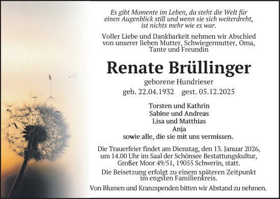Traueranzeige von Renate Brüllinger von Zeitung für die Landeshauptstadt