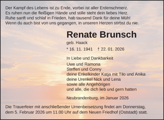 Traueranzeige von Renate Brunsch von Nordkurier Neubrandenburger Zeitung