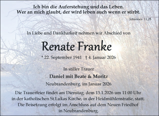 Traueranzeige von Renate Franke von Nordkurier Neubrandenburger Zeitung