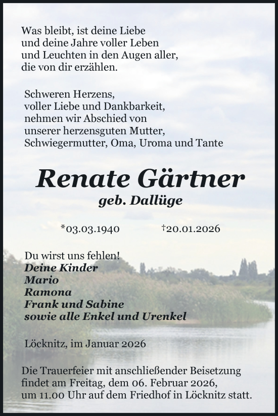 Traueranzeige von Renate Gärtner von Nordkurier Pasewalker Zeitung