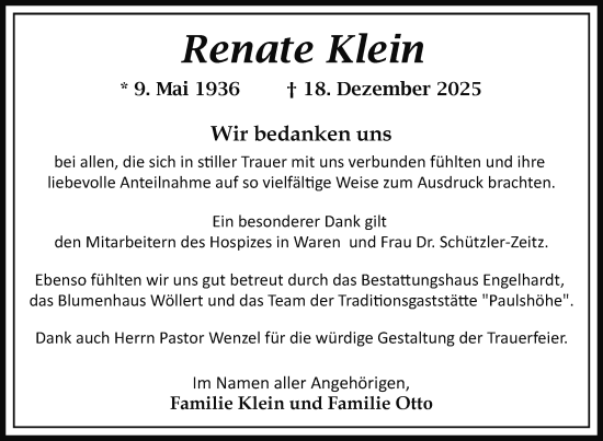 Traueranzeige von Renate Klein von Nordkurier Müritz-Zeitung