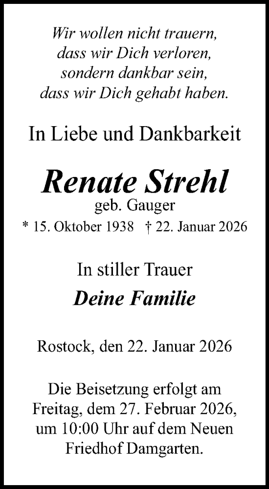 Traueranzeige von Renate Strehl von Norddeutsche Neueste Nachrichten